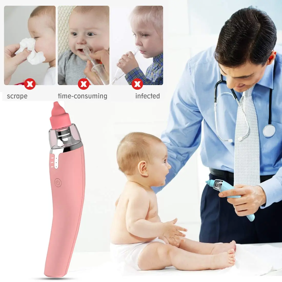 Electric Baby Nose Cleaner 2 Pieces Of Reusable Sucker Tips Infant Nasal Aspirator With Disposable Cups For Infants & Toddlers - 100% Safe Clean Nose (Blue) 2