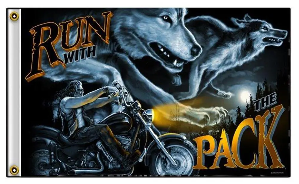 Run With The Pack Wolf Motorcycle Biker (3Ft X 5Ft) Deluxe Biker Flag 1