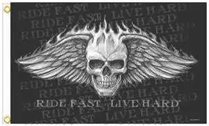 Skull Wings Live Hard Deluxe (3Ft X 5Ft) Biker Flag 1