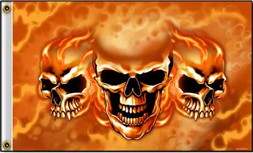 Deluxe Triple Skull Flames (3Ft X 5Ft) Motorcycle Biker Flag 1