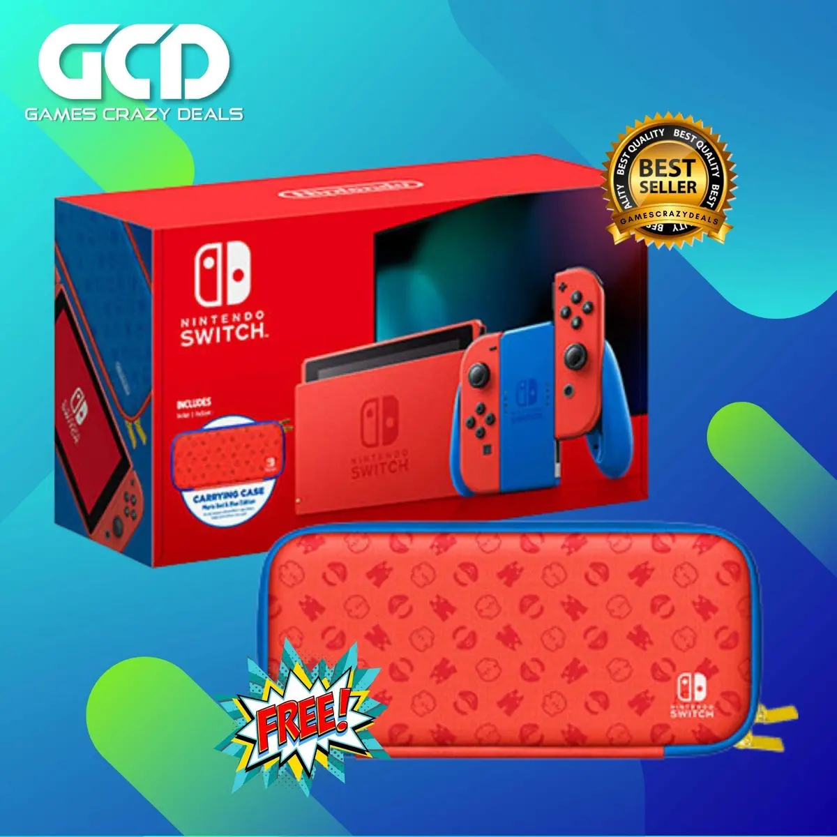 Nintendo Switch Console Mario Red & Blue Special Edition + Carrying Case & 2 Free Games + 1 Year Warranty 1