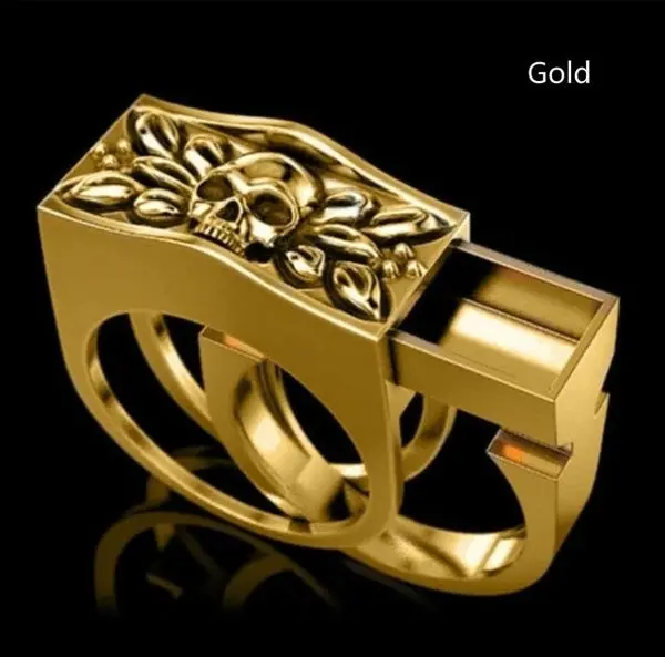 Gold Hidden Compartment Skull Metal Biker Ring (Sold By The Piece) 1
