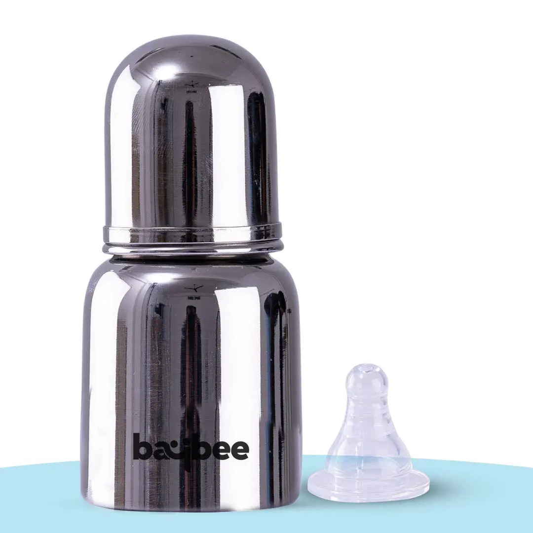 Premium Stainless Steel Feeding Bottle For Baby | Non-Toxic Baby Feeding Bottle For Kids Silicone Nipple, Milk, Water Feeding Bottle For Babies (Round, 150 Ml) 1