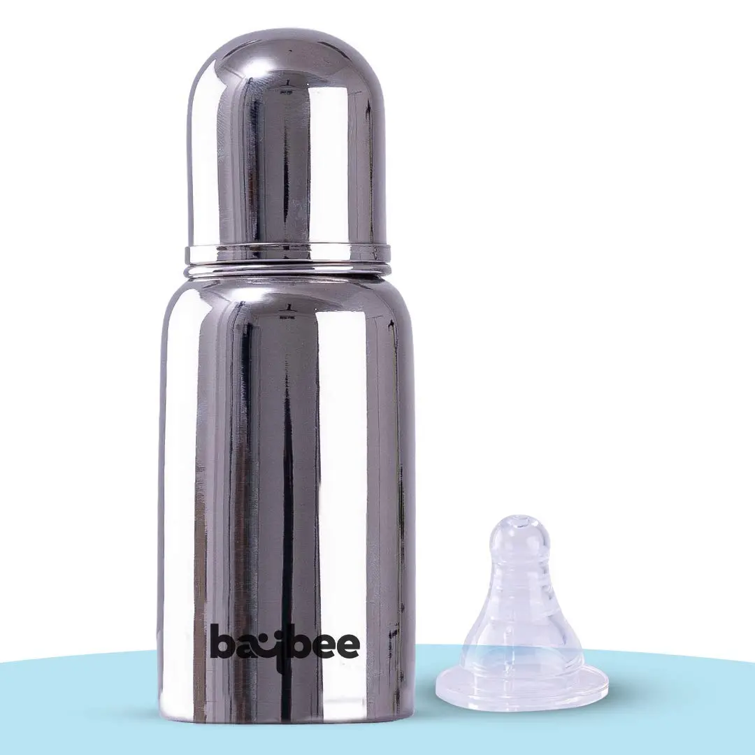 Premium Stainless Steel Feeding Bottle For Baby | Non-Toxic Baby Feeding Bottle For Kids Silicone Nipple, Milk, Water Feeding Bottle For Babies (Round, 220 Ml) 1