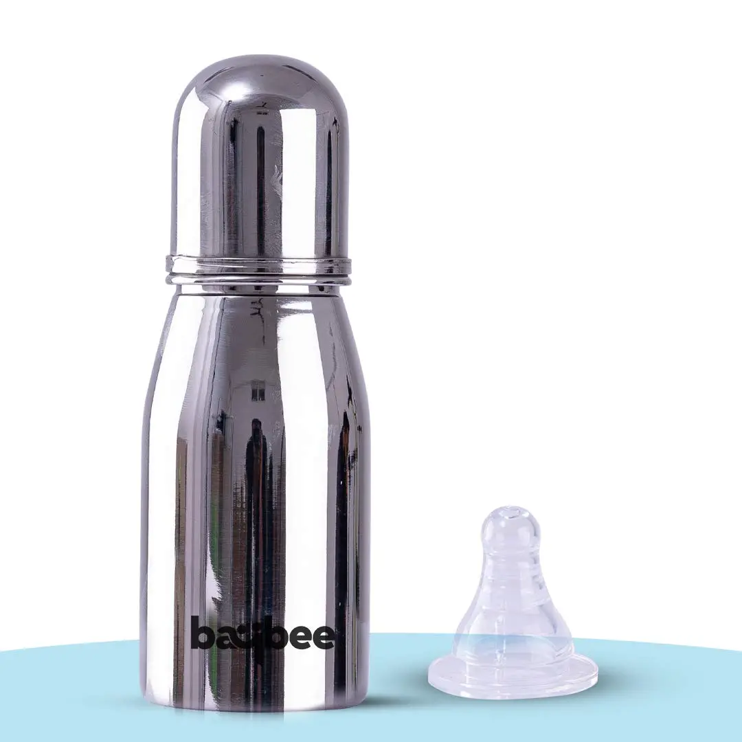 Premium Stainless Steel Feeding Bottle For Baby | Non-Toxic Baby Feeding Bottle For Kids Silicone Nipple, Milk, Water Feeding Bottle For Babies (Round, 220 Ml) 2