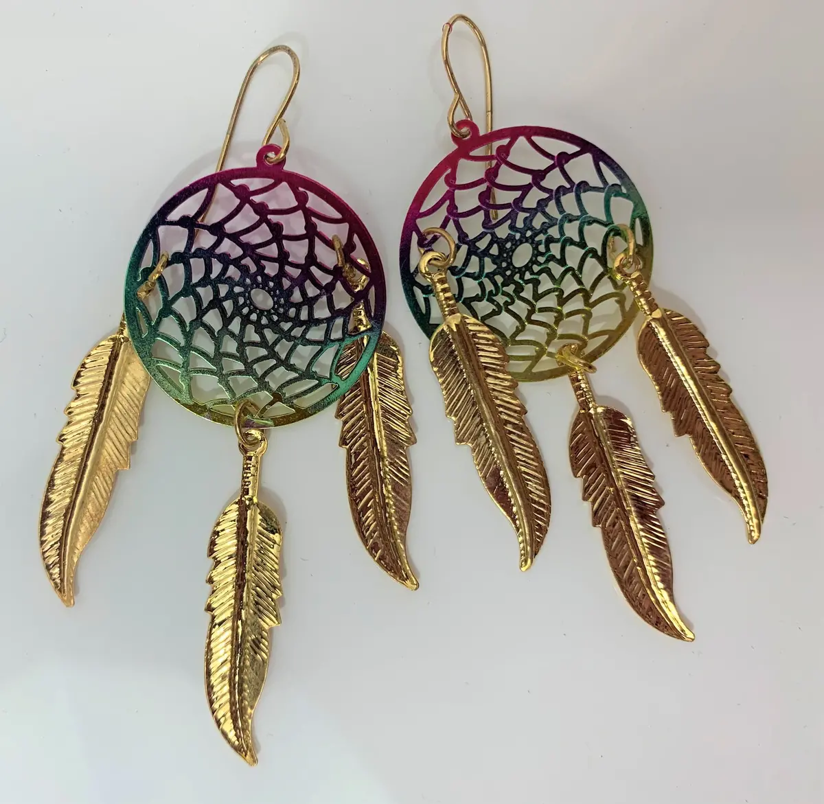 3 Inch Metal Dream Catcher Rainbow Dangle Earrings With Feathers (Sold By The Pair) 1