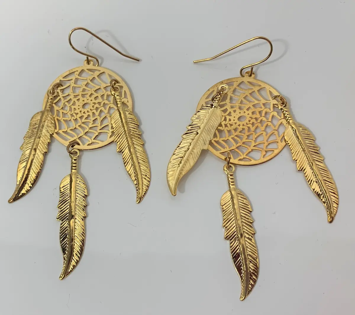 3Inch Metal Dream Catcher Gold Dangle Earrings With Feathers (Sold By The Pair) 1