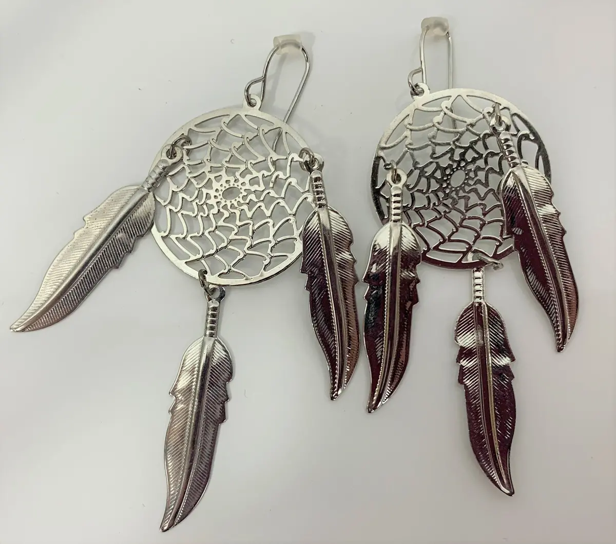 3Inch Metal Dream Catcher Silver Dangle Earrings With Feathers (Sold By The Pair) 1