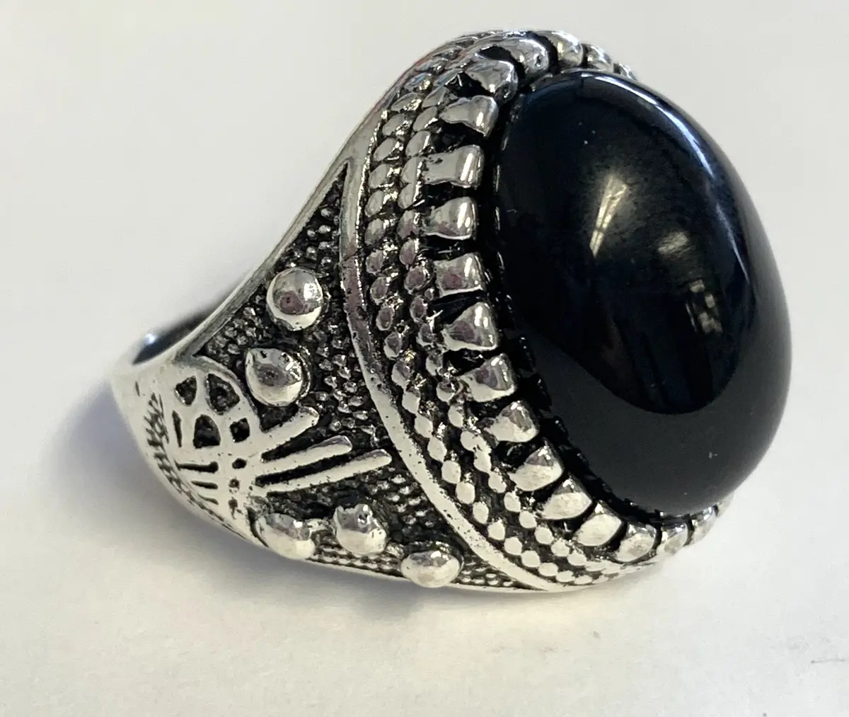 Round Black Stone Engraved  Metal Ring (Sold By The Piece) 1