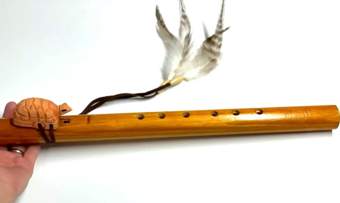 Handmade Carved Wooden Turtle Flute With Feathers (Sold By The Piece) 2