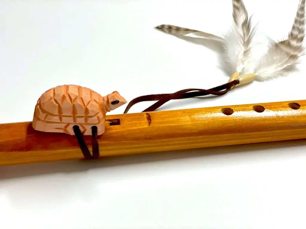 Handmade Carved Wooden Turtle Flute With Feathers  (Sold By The Piece) 1