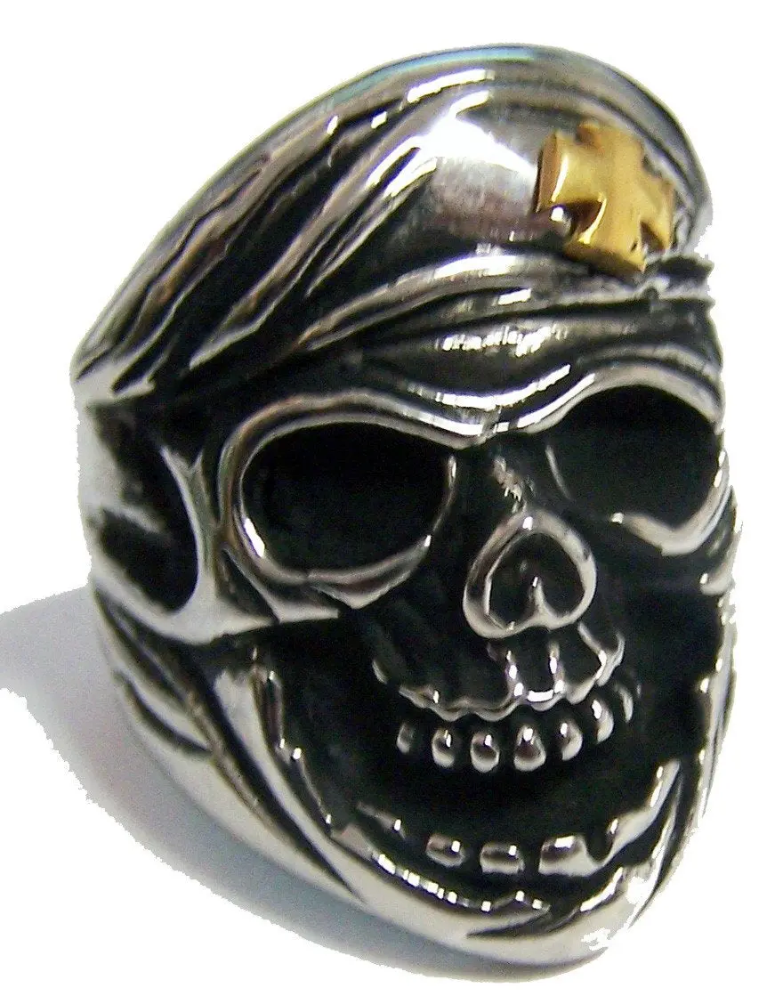 Skull With Iron Cross Beret Hat Stainless Steel Biker Ring 1