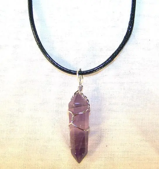 Amethyst Stone Wire Wrapped Black Rope Necklace 1