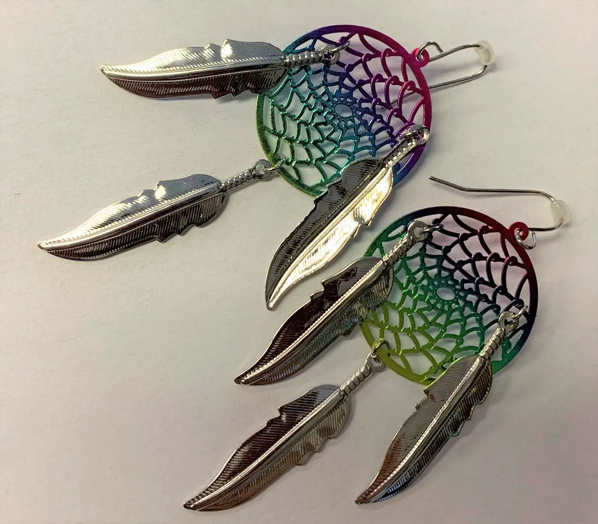 3 Inch Metal Dream Catcher Rainbow With Silver Dangle Earrings With Feathers (Sold By The Pair) 1