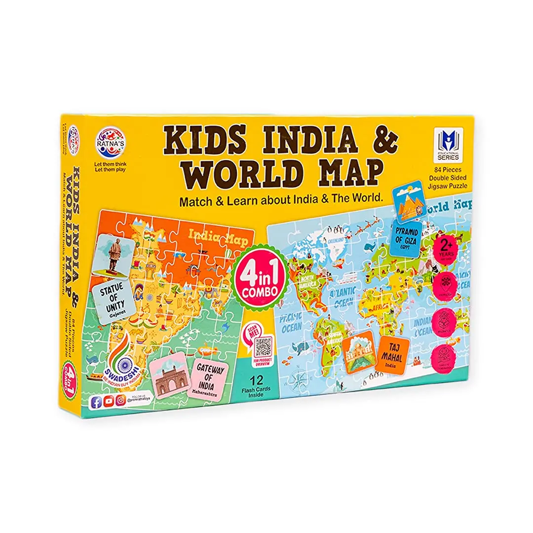 Ratna's Kids Match And Learn About India And World Map 84 Pieces 4 In 1 Combo With 12 Flash Cards Double Sided Jigsaw Puzzle Educational Toy For Kids 3+ Years 1