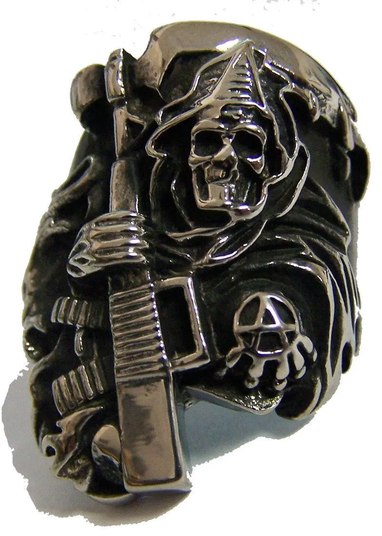 Anarchy Grim Reaper W Machine Gun Stainless Steel Biker Ring 1