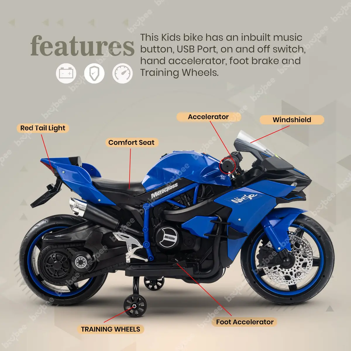 Ninja Kids Battery Operated Bike With Led Lights, Music & Usb 3