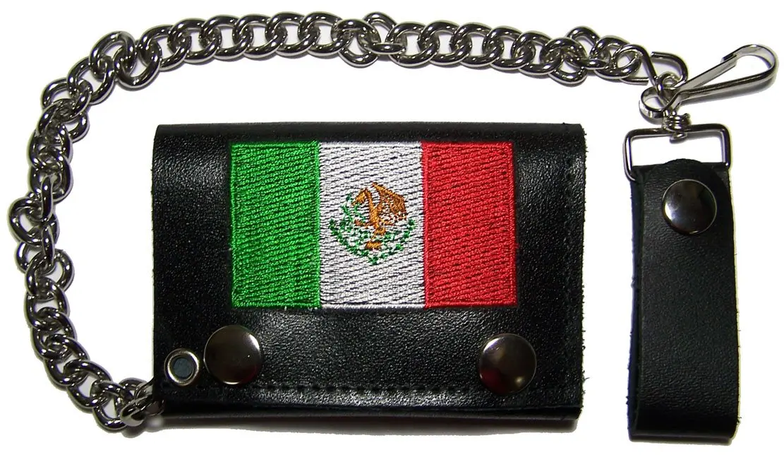 Embroidered Mexico Flag Trifold Leather Wallet With Chain 1