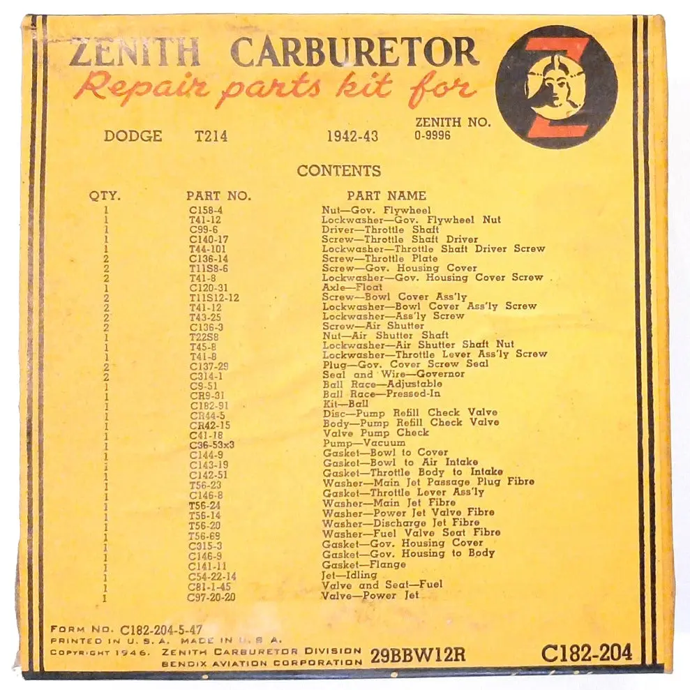 Nos Carburetor Rebuild Kit (Zenith Model 29) - Cc1057795 1