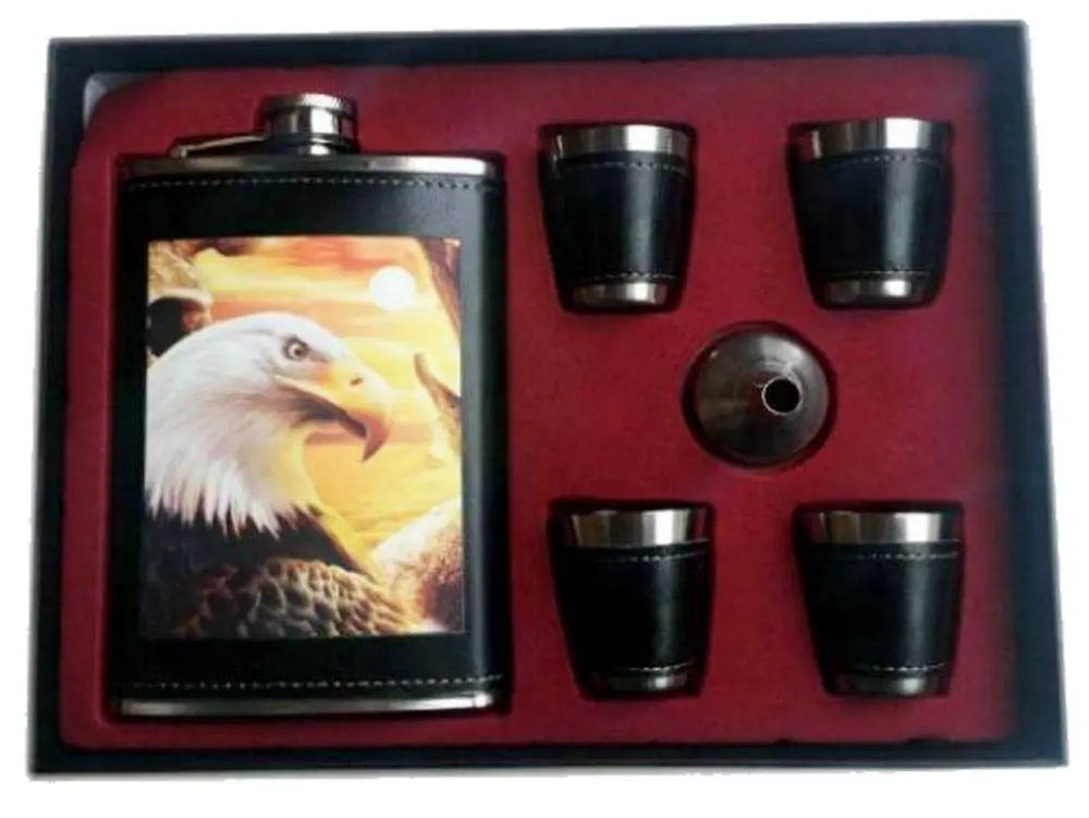 Eagle With Sunrise Flask Set W Four Shot Glasses & Funnel 1