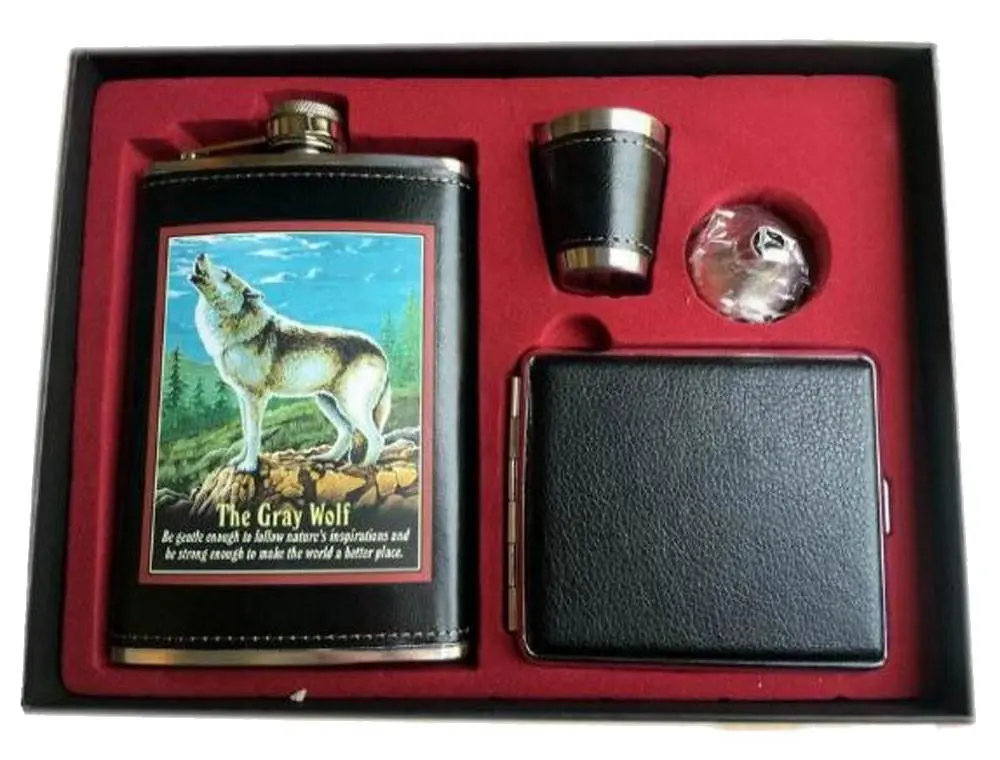Howling Wolf Flask Set W Cigarette Case 1