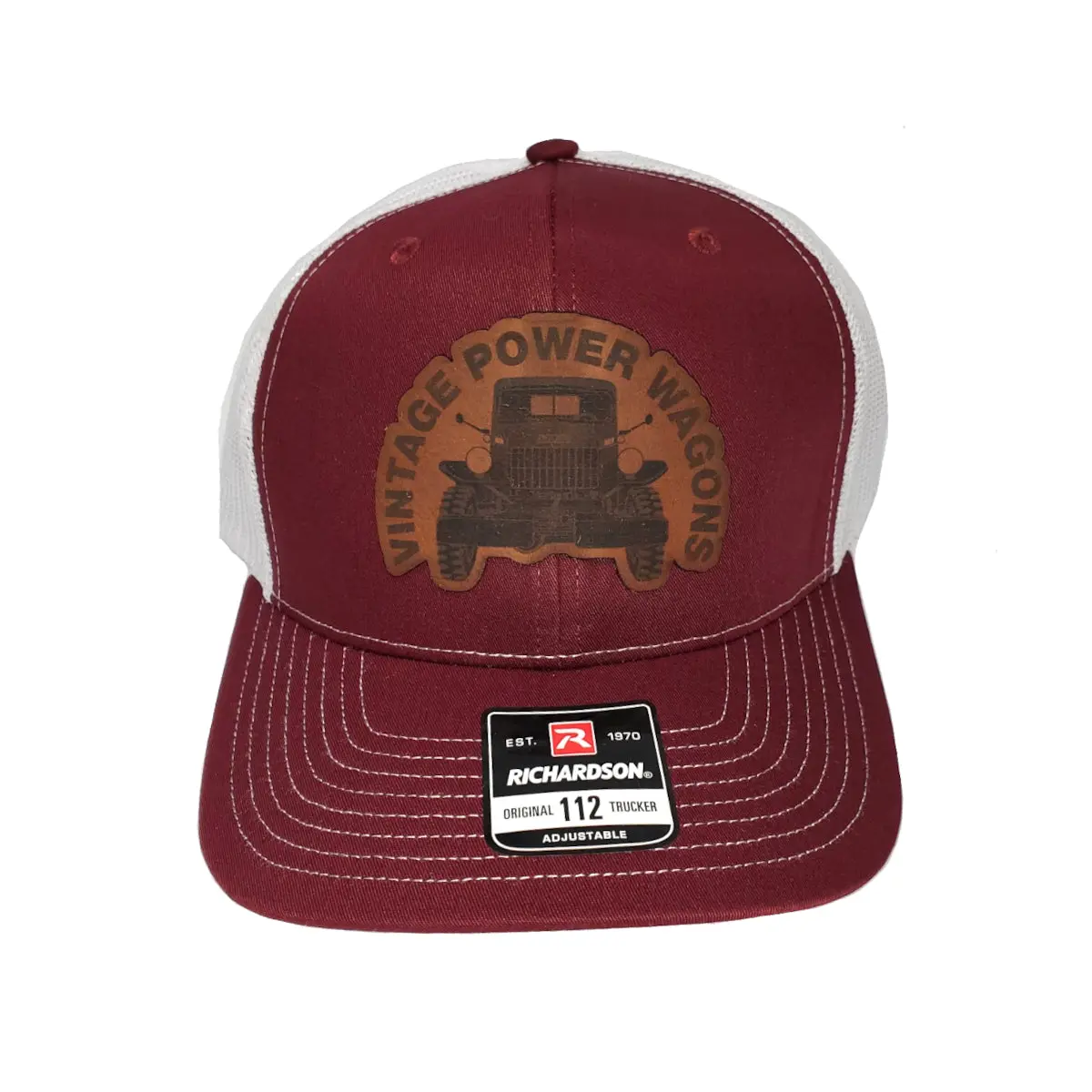 New Vpw Logo Red & White Hat With Brown Leather Patch - Adjustable, Mesh Back Trucker Cap - Acc-Logo-Cap-Rt-Br 1