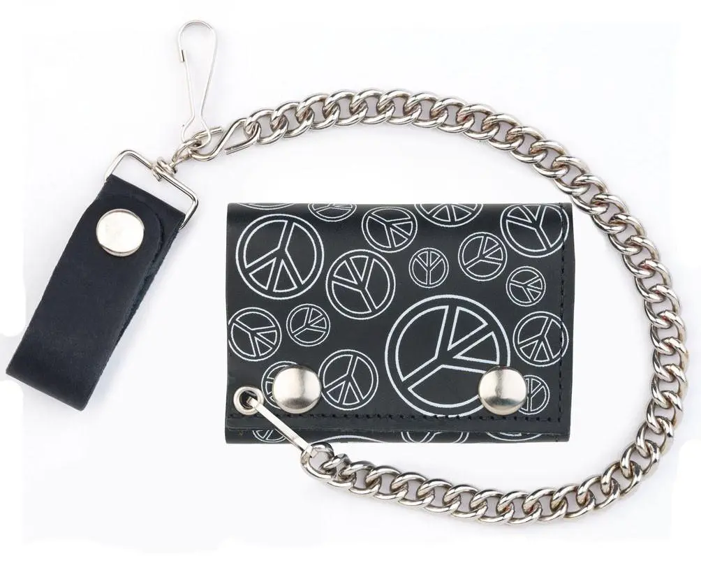 Open Peace Signs Trifold Leather Wallets With Chain 1