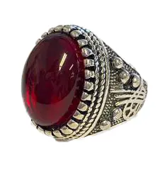 Ruby Red Stone Engraved  Metal Biker Ring (Sold By The Piece) 1
