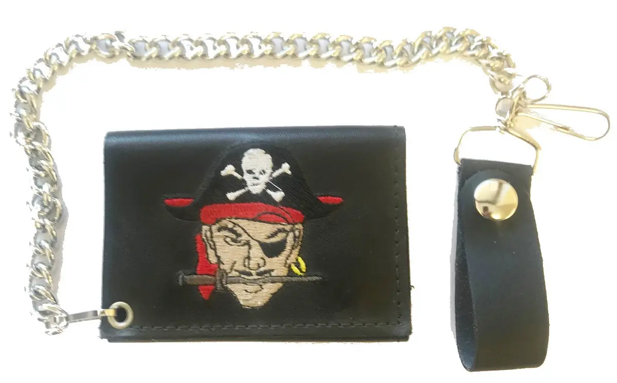 Pirate Skull & Cross Bones Trifold Leather Wallet With Chain 1