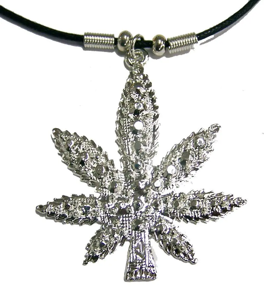 Large Silver Marijuana Pot Leaf Necklace On Rope Necklace 1
