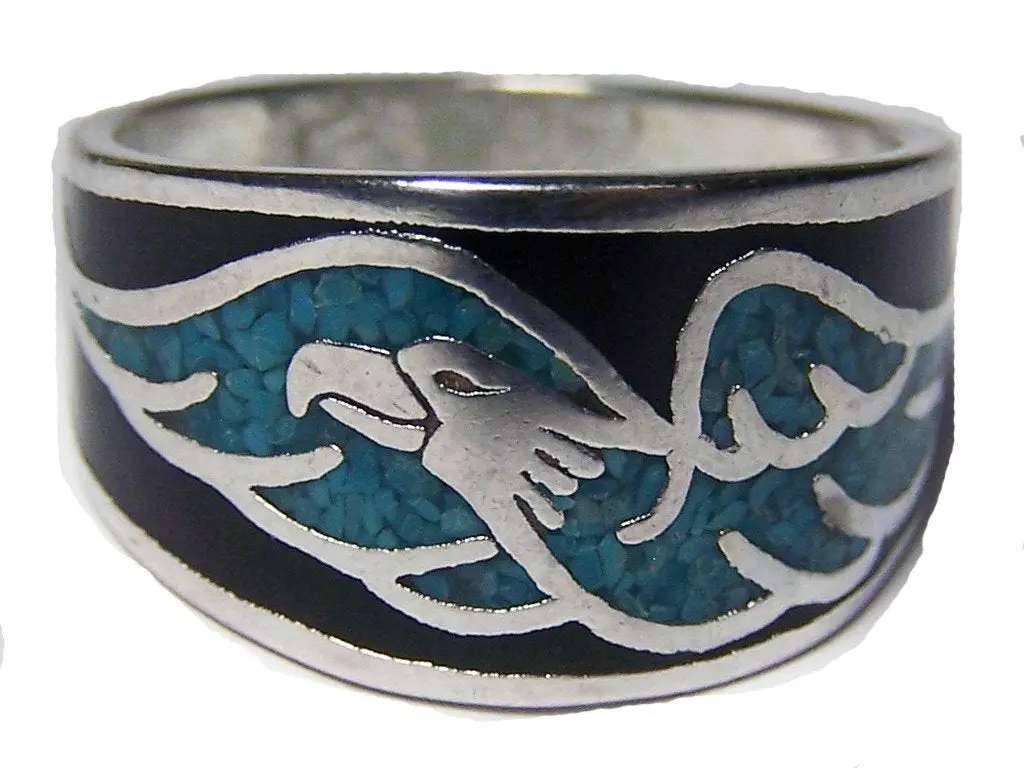 Flying Eagle Turquoise Band Deluxe Biker Ring 1
