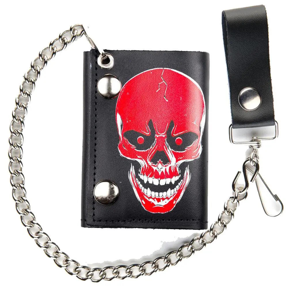 Large Red Skull Trifold Leather Wallets With Chain 1