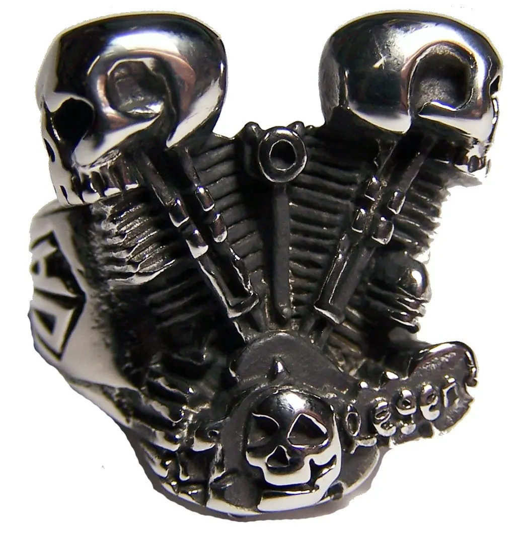 Engine Pistol Skull Heads Stainless Steel Biker Ring 1