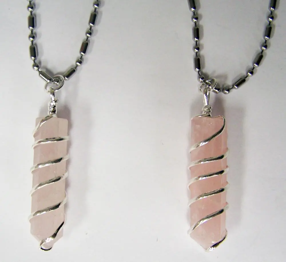 Rose Quartz Crystal Coil Wrapped Stone Stainless Steel Ball Chian Necklace 1