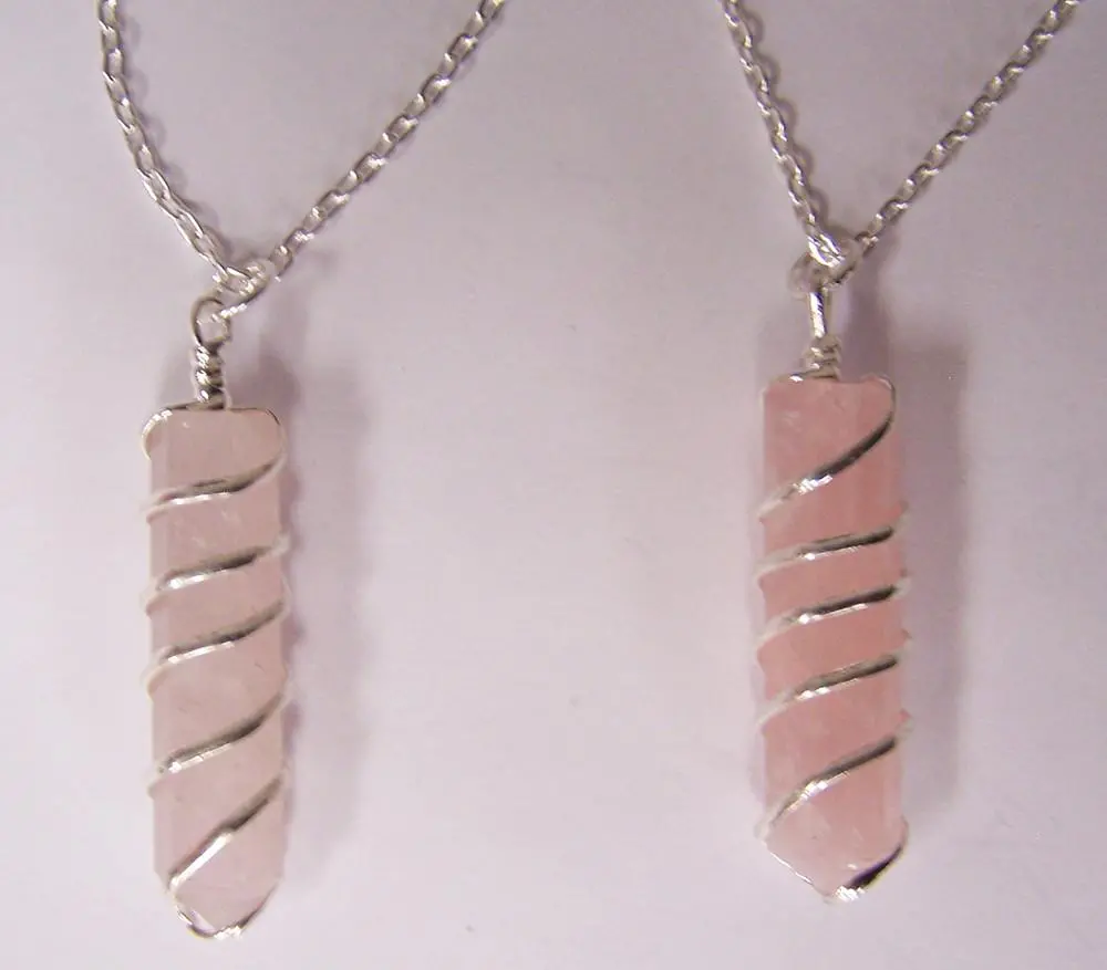 Rose Quartz Crystal Coil Wrapped Stone 18 Inch Silver Chian Necklace 1