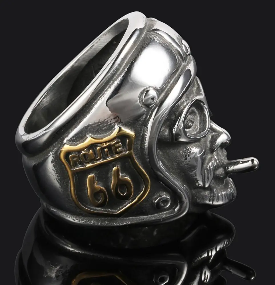 Route 66 Bikers Head With Helmet Stainless Steel Biker Ring 1