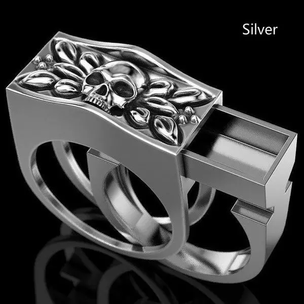 Silver Hidden Compartment Skull Metal Biker Ring (Sold By The Piece) 1