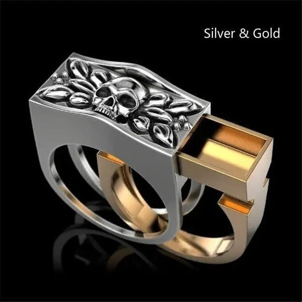 Silver And Gold Hidden Compartment Skull Metal Biker Ring (Sold By The Piece) 1