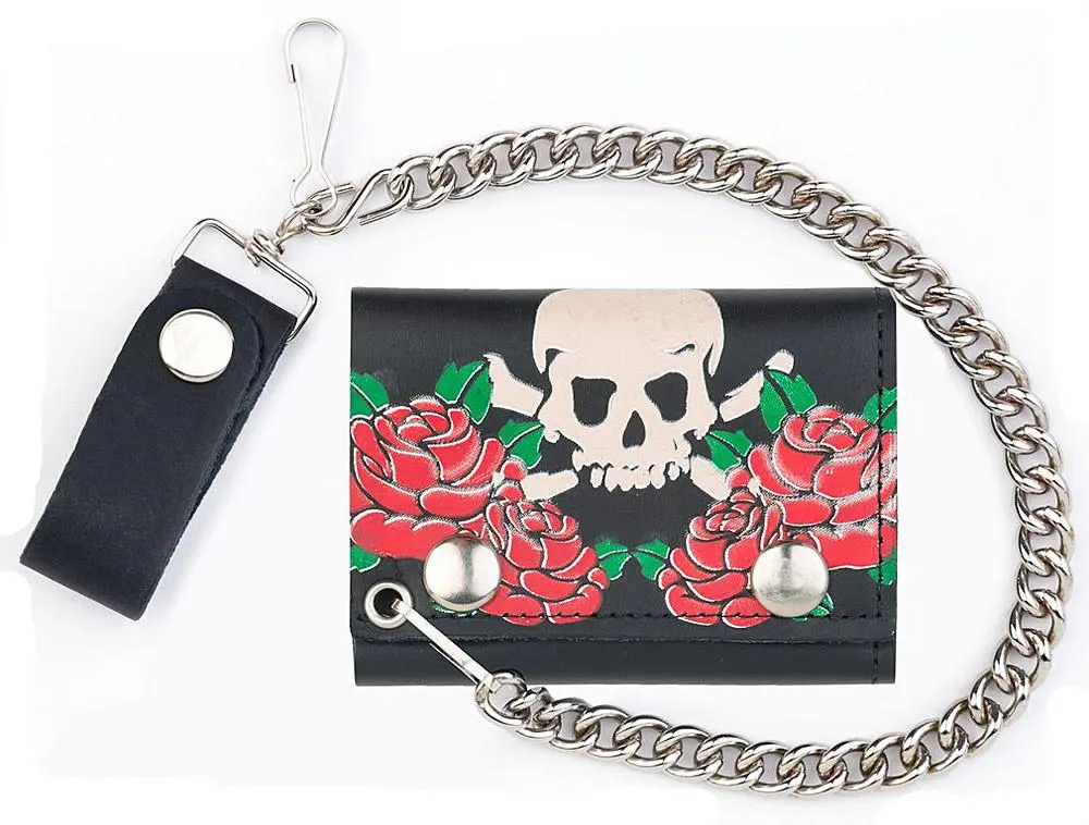 Skull And Roses Trifold Leather Wallets With Chain 1