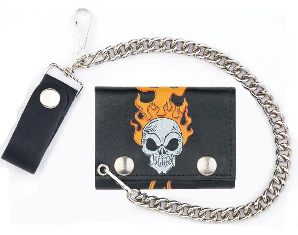 Skull Head With Flames Trifold Leather Wallets With Chain 1