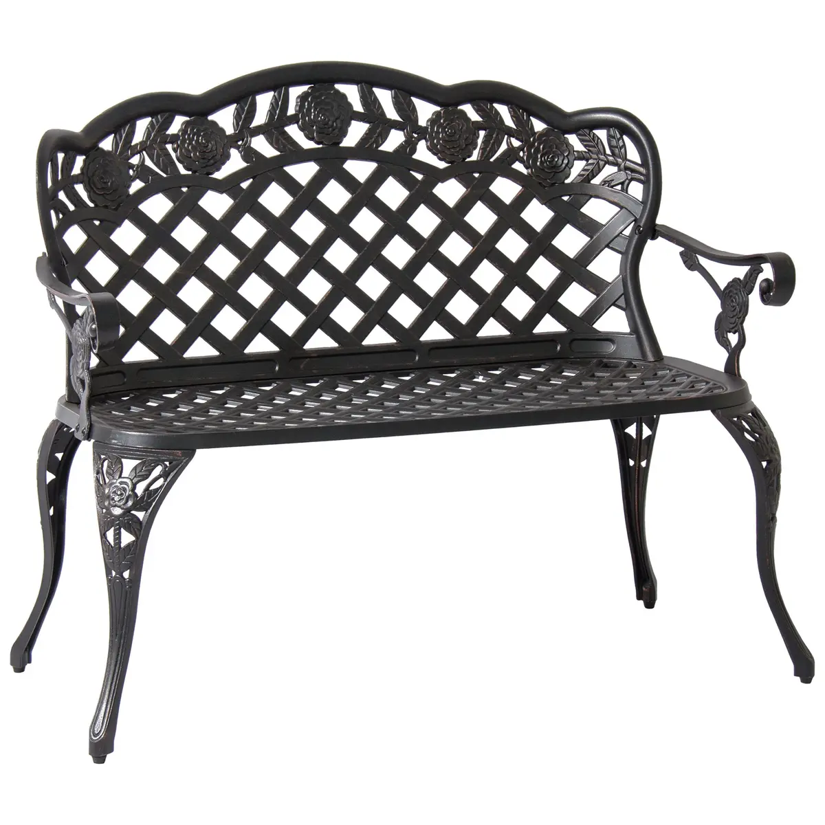 Aluminum Bench For Patio, Garden W/ Lattice Back And Seat, Rose Detailing 1