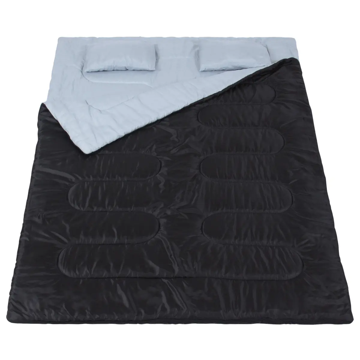 2-In-1 Double Sleeping Bag W/ 2 Pillows, Carrying Case - Black/Gray 1