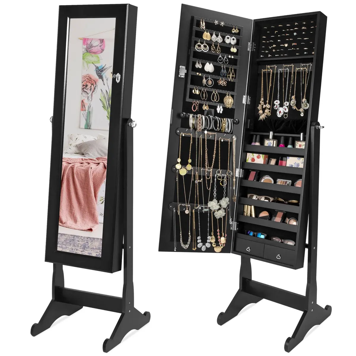 Full Length Tilting Mirrored Jewelry Cabinet Armoire W/ Velvet Interior 2