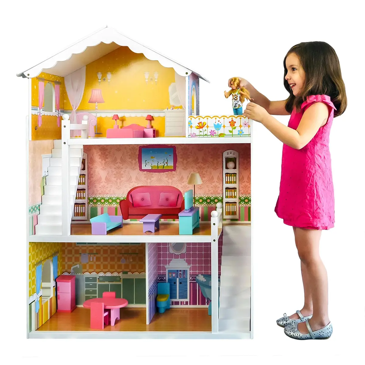 Kids 44In Height 3-Story Wooden Open Dollhouse Set W/ 5 Rooms, Accessories 1