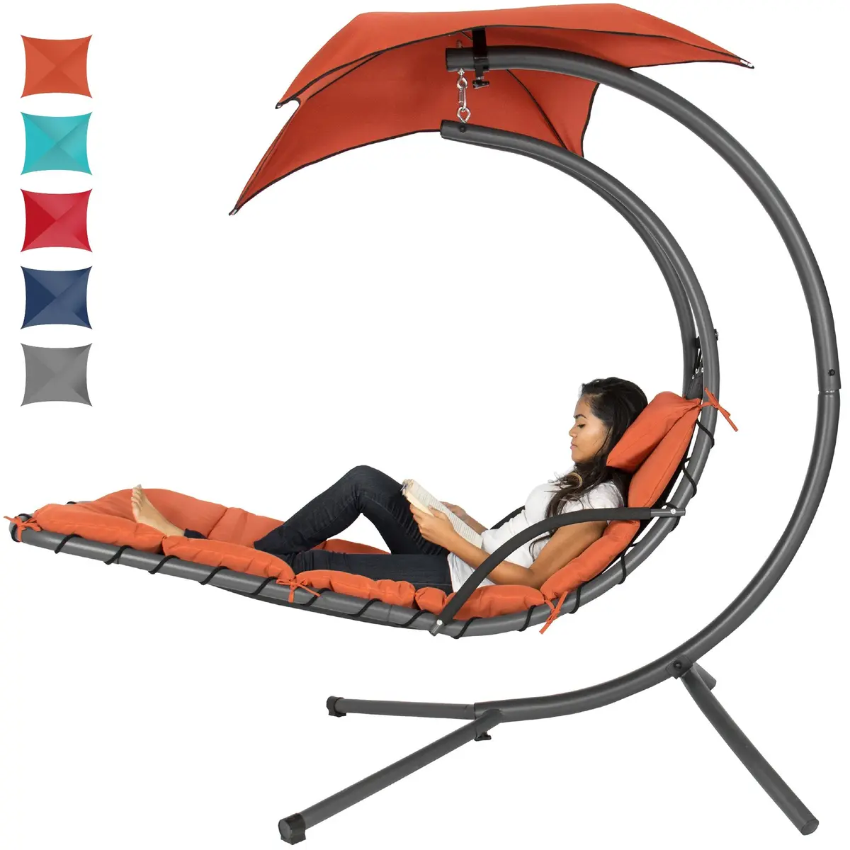 Hanging Curved Chaise Lounge Chair W/ Built-In Pillow, Removable Canopy 5