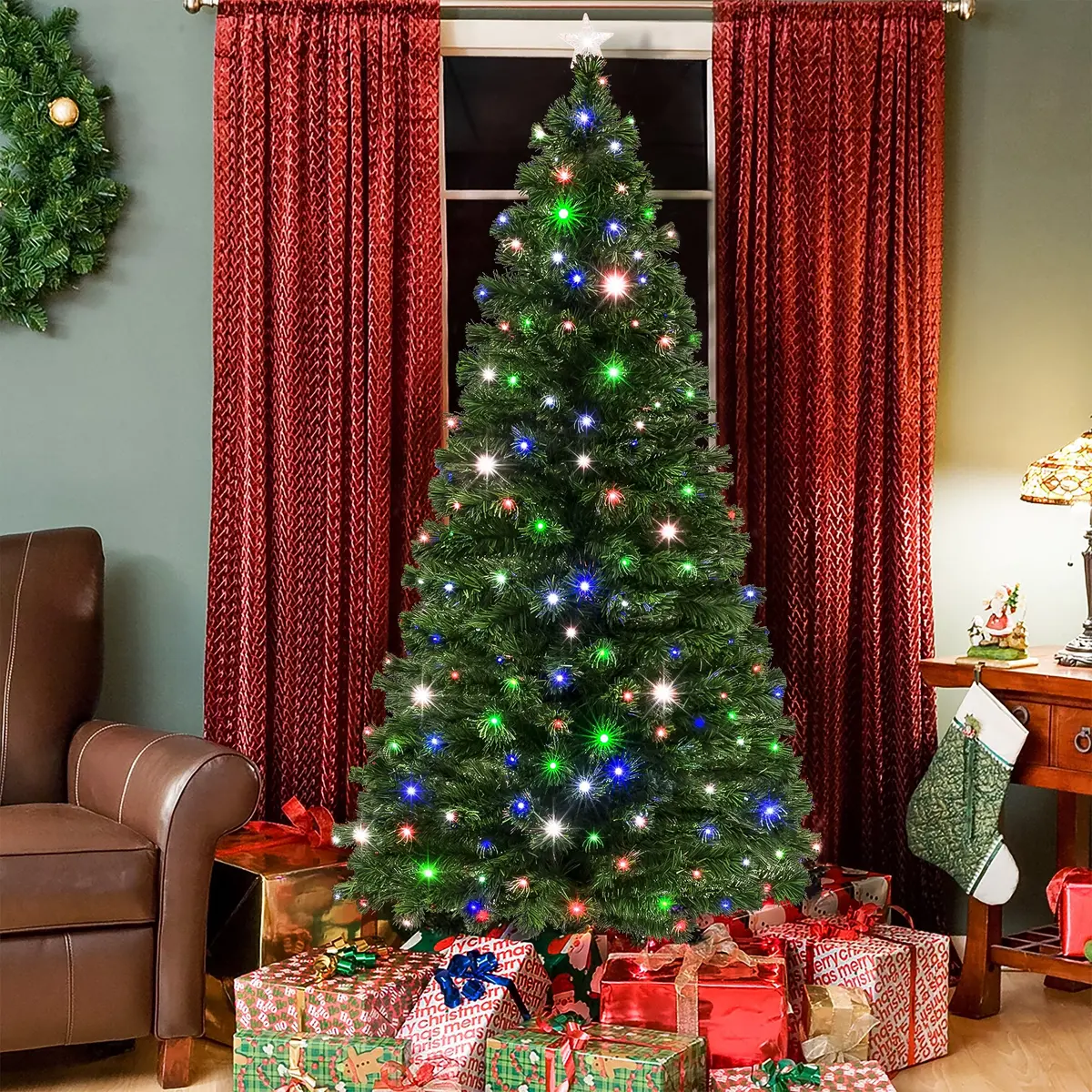 7Ft Fiber Optic Artificial Christmas Pine Tree W/ 280 Lights, Stand 1