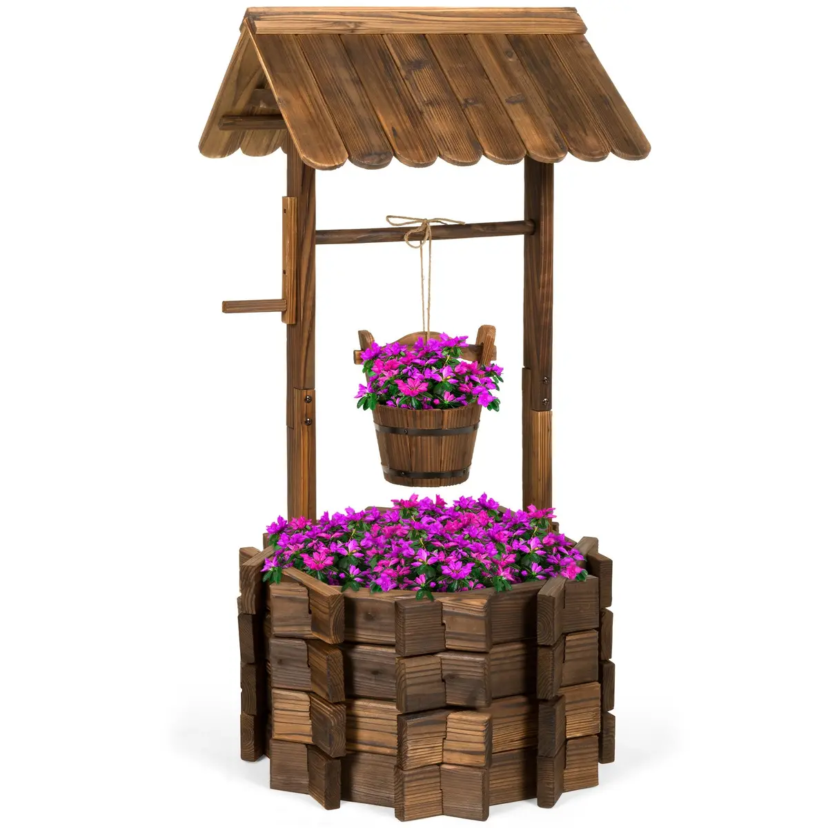 Rustic Wooden Wishing Well Planter Yard Decoration W/ Hanging Bucket 1