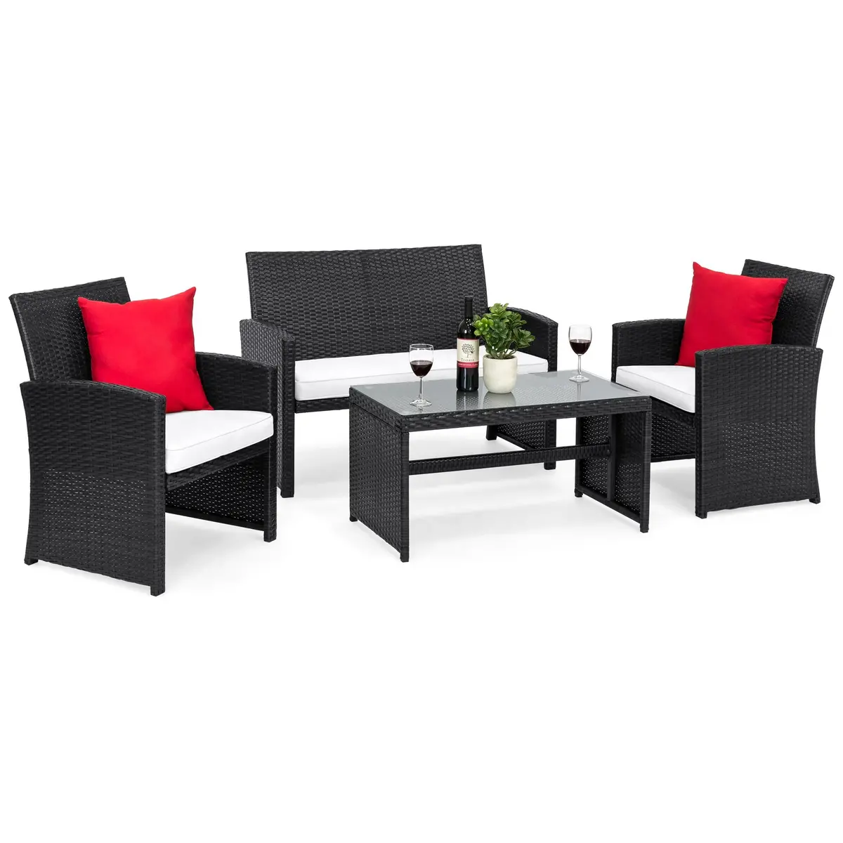 4-Piece Outdoor Wicker Sofa Furniture Set W/ 1 Double, 2 Single Sofas, Table 1