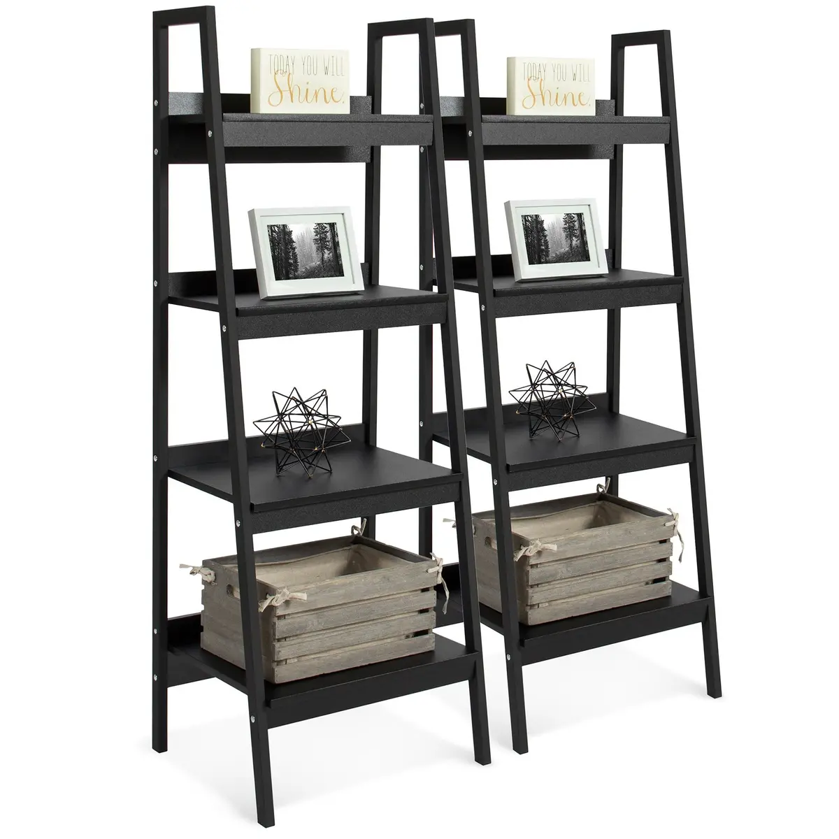 Set Of 2 Wooden 4-Shelf Open Ladder Bookcase Displays W/ Metal Framing 1