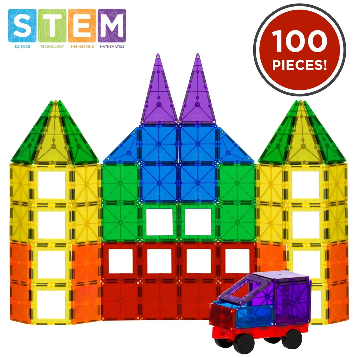 100-Piece Kids Clear Rainbow Magnetic Building Block Tiles Toy Set - Multi 1